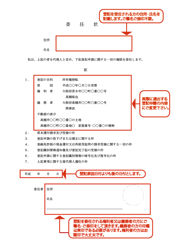 所有権移転登記 売買 の委任状の書き方 ひな形 茨木市の司法書士 相続 登記 遺言 債務整理の出張無料相談なら森橋司法書士事務所